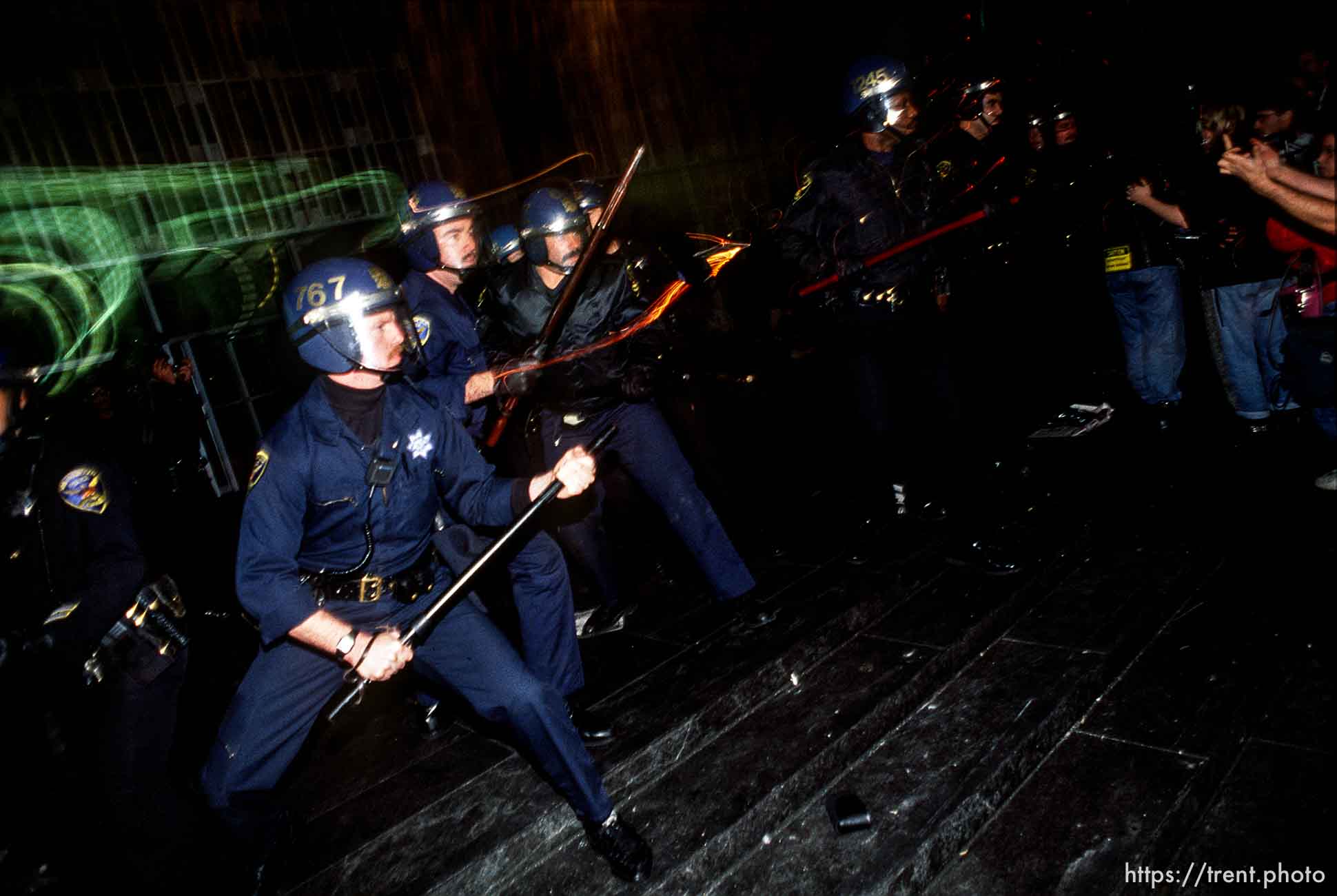 Police defend the federal building during a small riot at Gulf War protest.