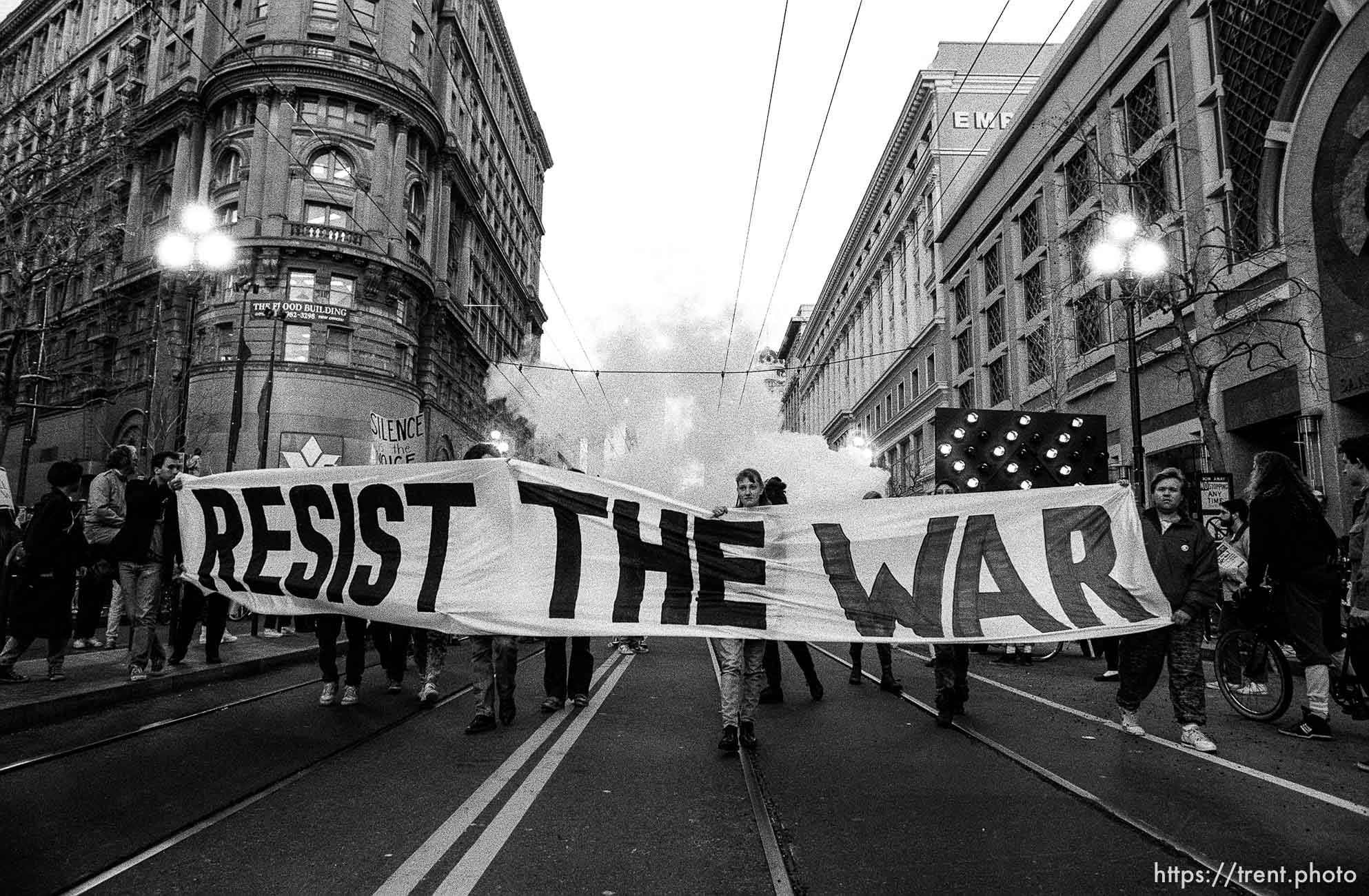 Marchers with banner at Gulf War protest