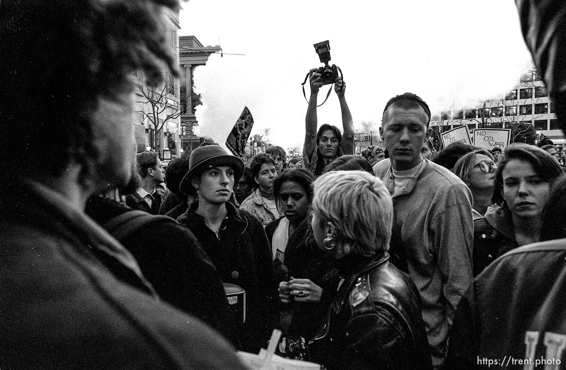 Photographer shoots a hail mary at people hearing that missiles had been fired at Israel at Gulf War protest