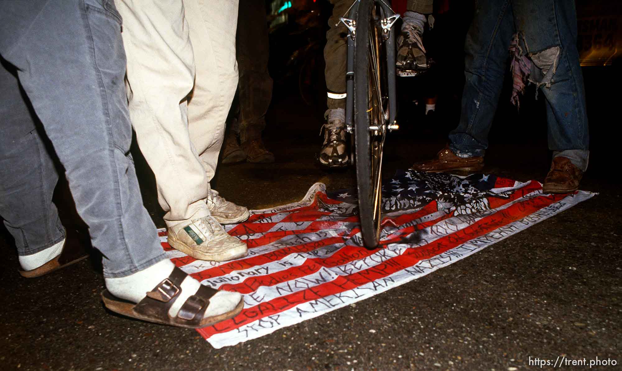 Desecrating the U.S. flag at Anti war Gulf War protests.