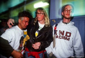 Guy who thought he was in charge of the anti-war protest crying after a lady threw eggs at the group. Anti war Gulf War protests.