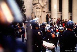 Protesters shut down the Pacific Stock Exchange during an anti-war Gulf War protest.