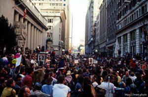 Protesters shut down the Pacific Stock Exchange during an anti-war Gulf War protest.