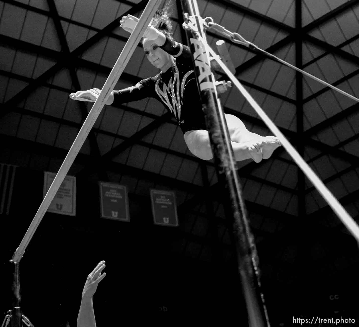 Trent Nelson  |  The Salt Lake Tribune
Utah's Stephanie McAllister on the bars as Utah hosted BYU gymnastics Friday, January 27, 2012 in Salt Lake City, Utah.