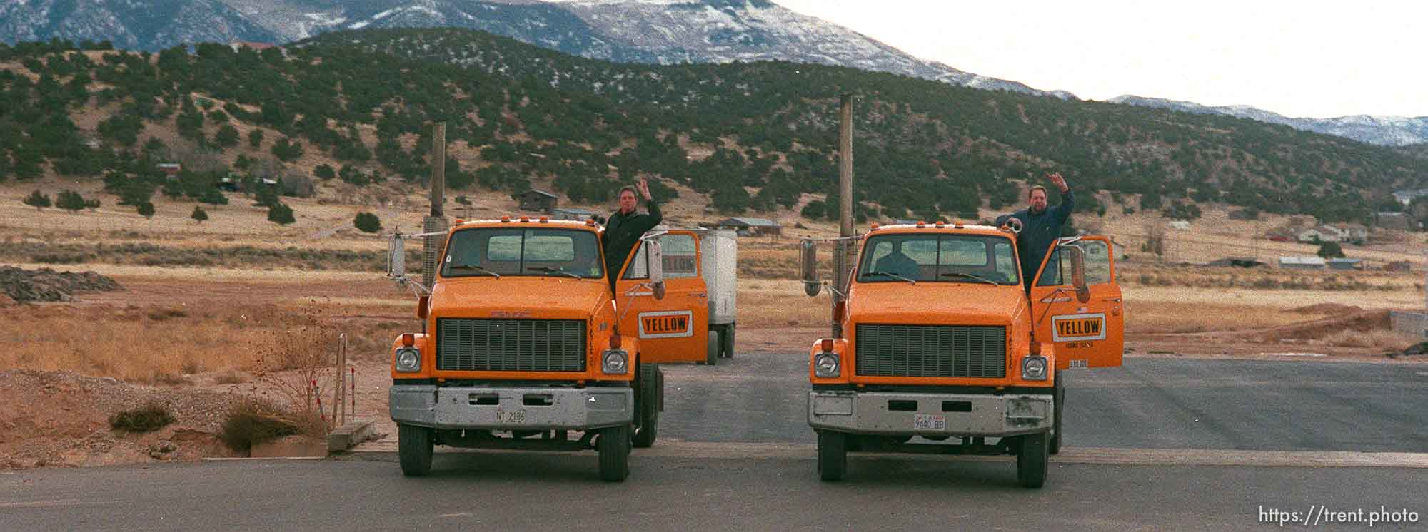 Truckers wave to the Governor's Centennial Train