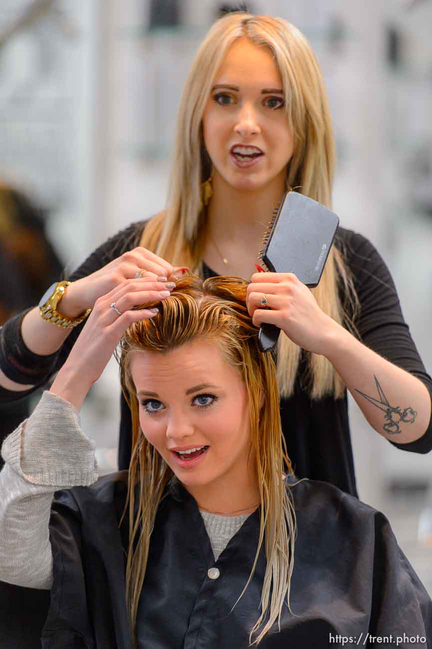 LaDonna Young, who left the polygamous the Kingston Group (also known as the Davis County Cooperative Society and the Latter Day Church of Christ) at the end of 2016, has her hair cut and styled by Amanda Moncur at Kelly Cardenas Salon in South Jordan, Tuesday January 9, 2018. The salon tries to help people leaving polygamous sects by offering them haircuts. For some, it's the first time they've been free to express themselves with a haircut.