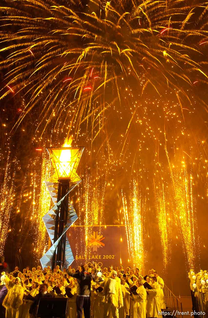 Fireworks. To celebrate the one-year anniversary of the 2002 Winter Olympics, the Olympic Cauldron at Rice-Eccles Stadium is re-lit. The flame will burn for the next 17 days. 02.08.2003, 7:21:13 PM