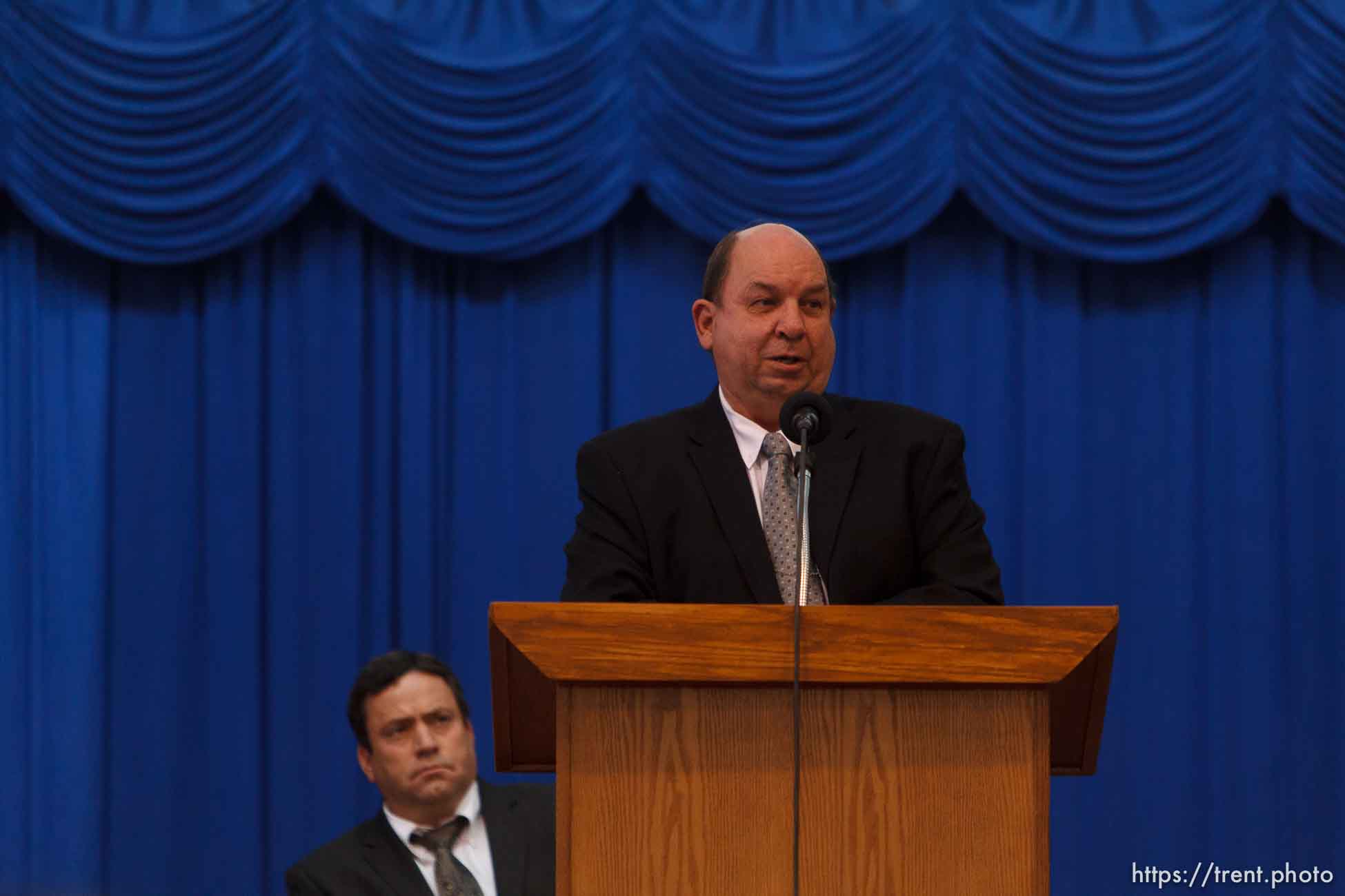 Trent Nelson  |  The Salt Lake Tribune
Garth Warner speaks from the podium during a church service of ex-FLDS members Sunday, February 17, 2013 in Hildale.