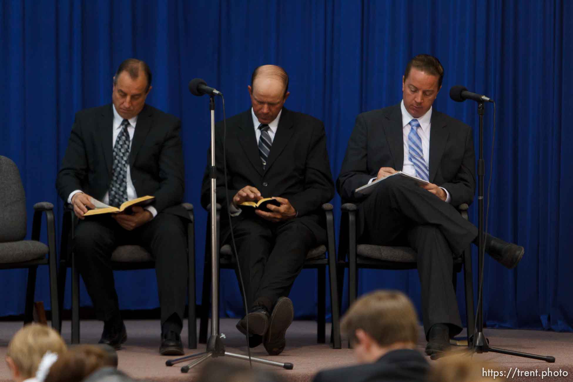 Trent Nelson  |  The Salt Lake Tribune
Dan Timpson, Royce Jessop and Sam Allred flip through their scriptures during a church service of ex-FLDS members Sunday, February 17, 2013 in Hildale.