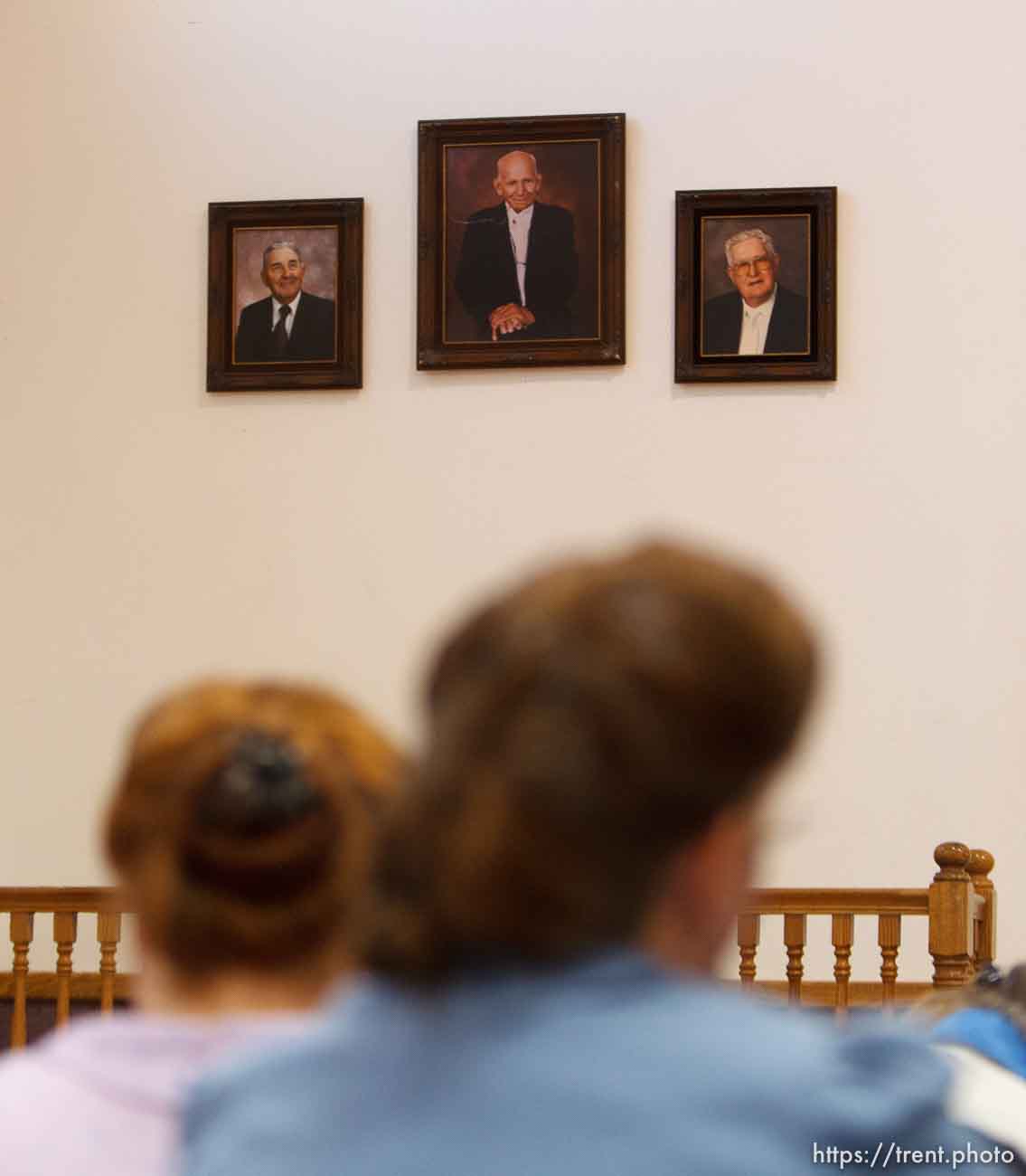 Trent Nelson  |  The Salt Lake Tribune
Portraits of former church leaders Parley Harker, Leroy Johnson and Fred Jessop hang on the wall at a church service of ex-FLDS members Sunday, February 17, 2013 in Hildale.