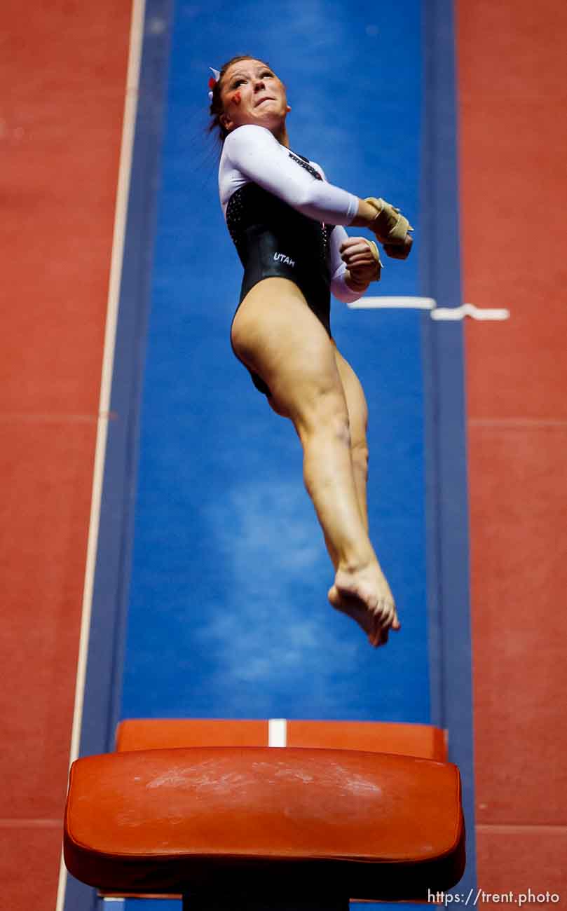 Trent Nelson  |  The Salt Lake Tribune
Utah's Stephanie McAllister warms up on vault as the University of Utah hosts Georgia at the Huntsman Center, college gymnastics Friday, February 3, 2012 in Salt Lake City, Utah.