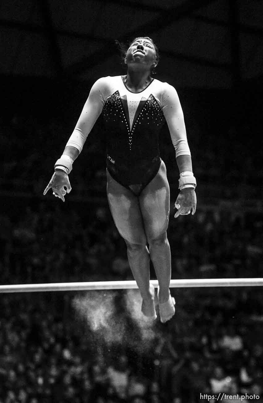 Trent Nelson  |  The Salt Lake Tribune
Utah's Kassandra Lopez on bars as the University of Utah hosts Georgia at the Huntsman Center, college gymnastics Friday, February 3, 2012 in Salt Lake City, Utah.