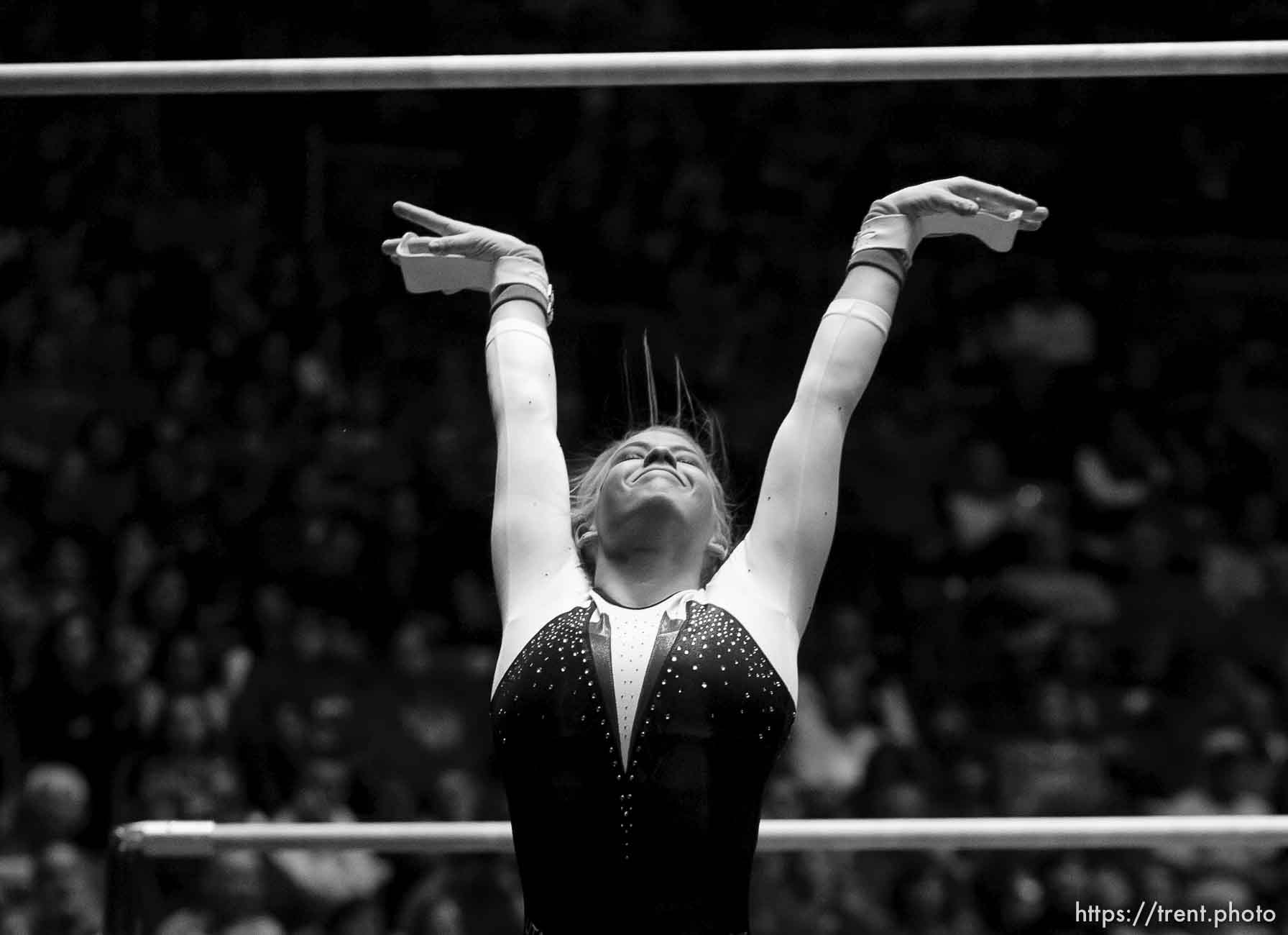 Trent Nelson  |  The Salt Lake Tribune
Utah's Hailee Hansen on bars as the University of Utah hosts Georgia at the Huntsman Center, college gymnastics Friday, February 3, 2012 in Salt Lake City, Utah.