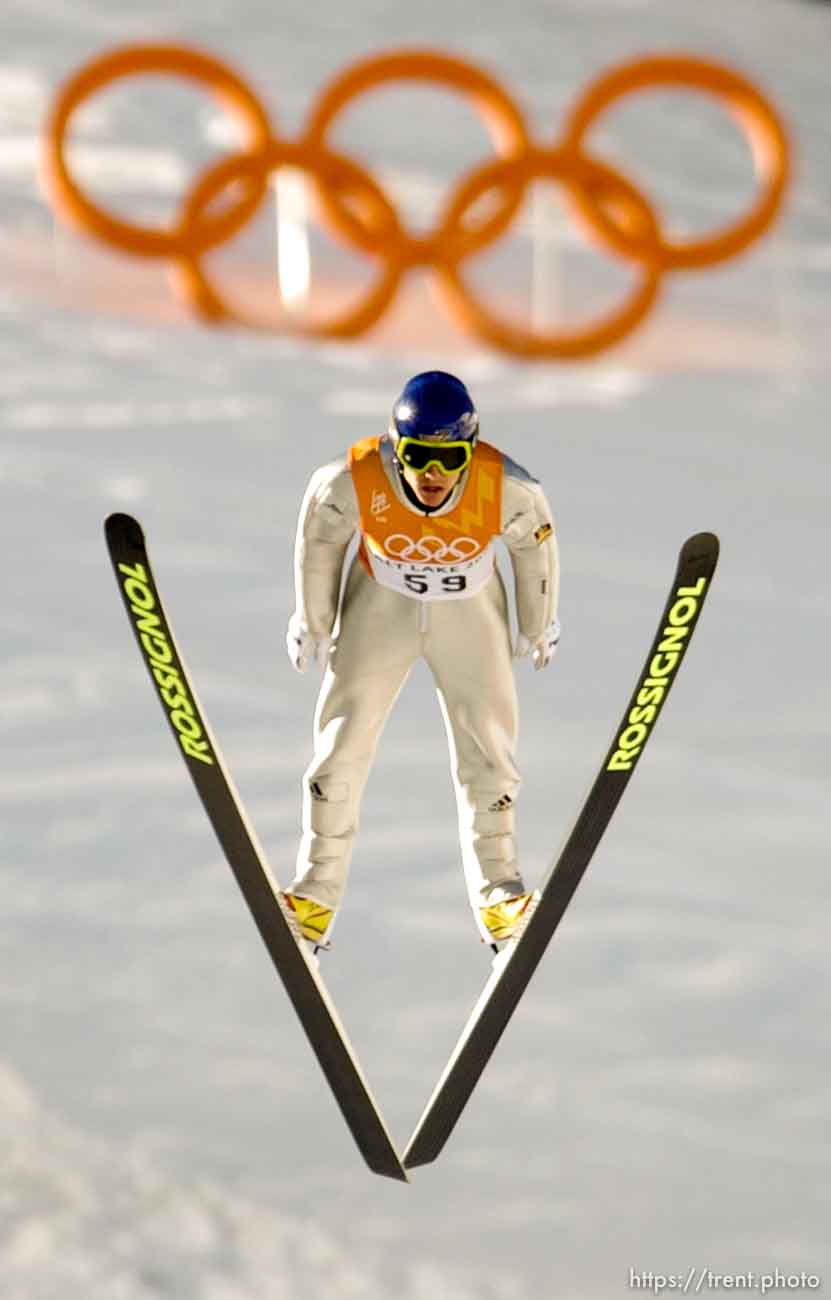 Silver medalist, Germany's Sven Hannawald in the first round of the K90 Ski Jump Sunday morning at the Utah Olympic Park, 2002 Olympic Winter Games.
Photo by Trent Nelson 02.10.2002, 10:21:03 AM