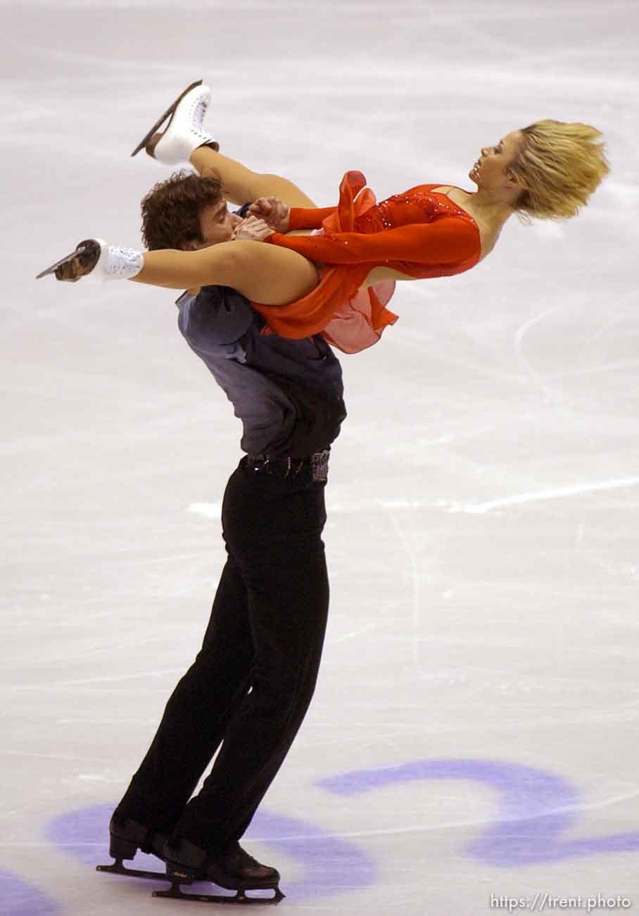 From Russia, gold medal winners Elena Berezhnaya and Anton Sikharulidze. Pairs Free Skating finals Monday night at the Salt Lake Ice Center, 2002 Olympic Winter Games.
 02.11.2002, 8:59:44 PM