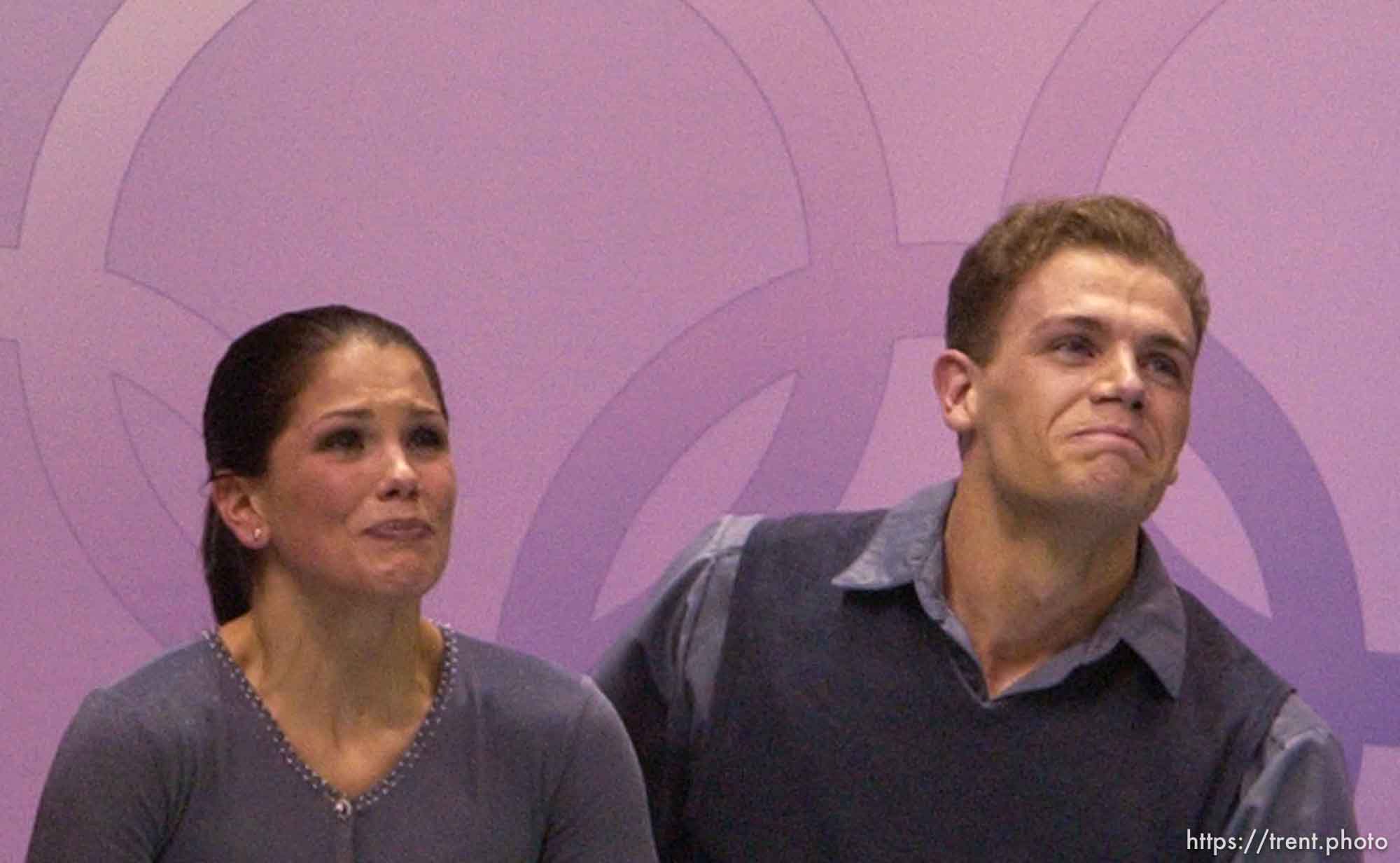 #4 in a series of 6. Silver medal winners Jamie Sale and David Pelletier (Canada) react to controversially low scores. Pairs Free Skating finals Monday night at the Salt Lake Ice Center, 2002 Olympic Winter Games.; 02.11.2002, 9:10:44 PM