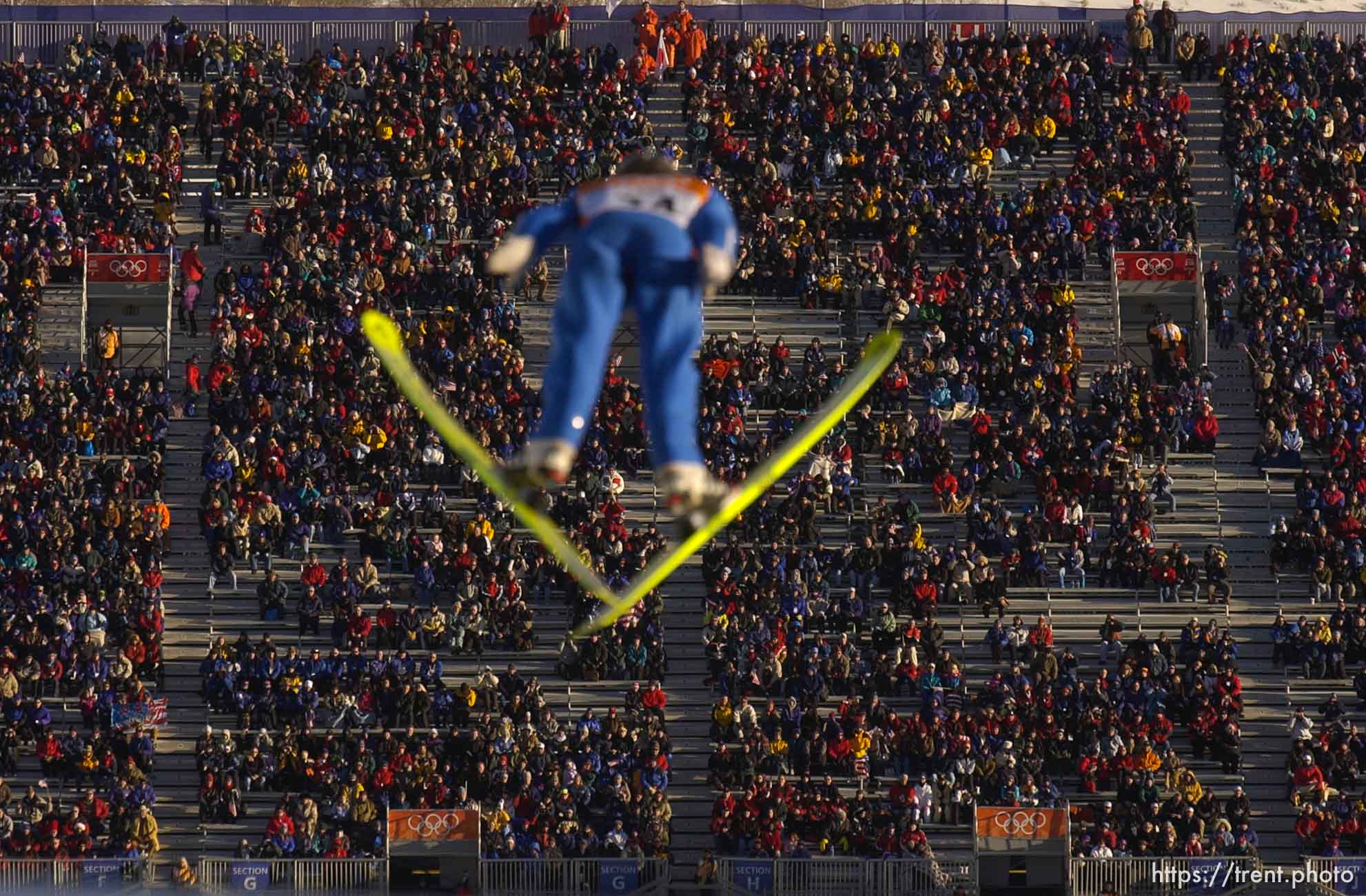 Qualification round of the K120 Ski Jump Tuesday morning at the Utah Olympic Park, 2002 Olympic Winter Games.; 02.12.2002, 8:54:08 AM