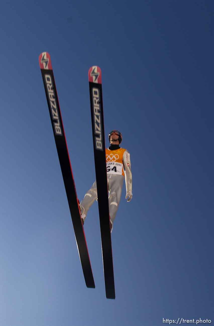 Qualification round of the K120 Ski Jump Tuesday morning at the Utah Olympic Park, 2002 Olympic Winter Games.; 02.12.2002, 10:34:55 AM