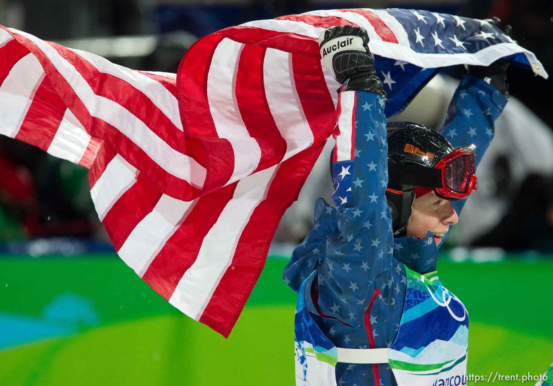 Trent Nelson  |  The Salt Lake Tribune
Hannah Kearney, USA, waves an American flag celebrating her gold medal win, Ladies' Moguls at the XXI Olympic Winter Games in Vancouver, Saturday, February 13, 2010.