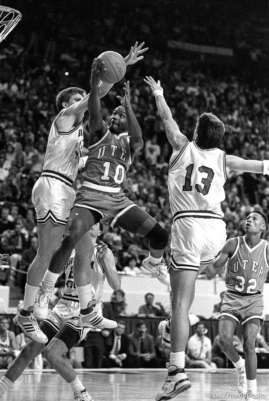 UTEP's Tim Hardaway (10) drives at BYU vs. UTEP basketball.