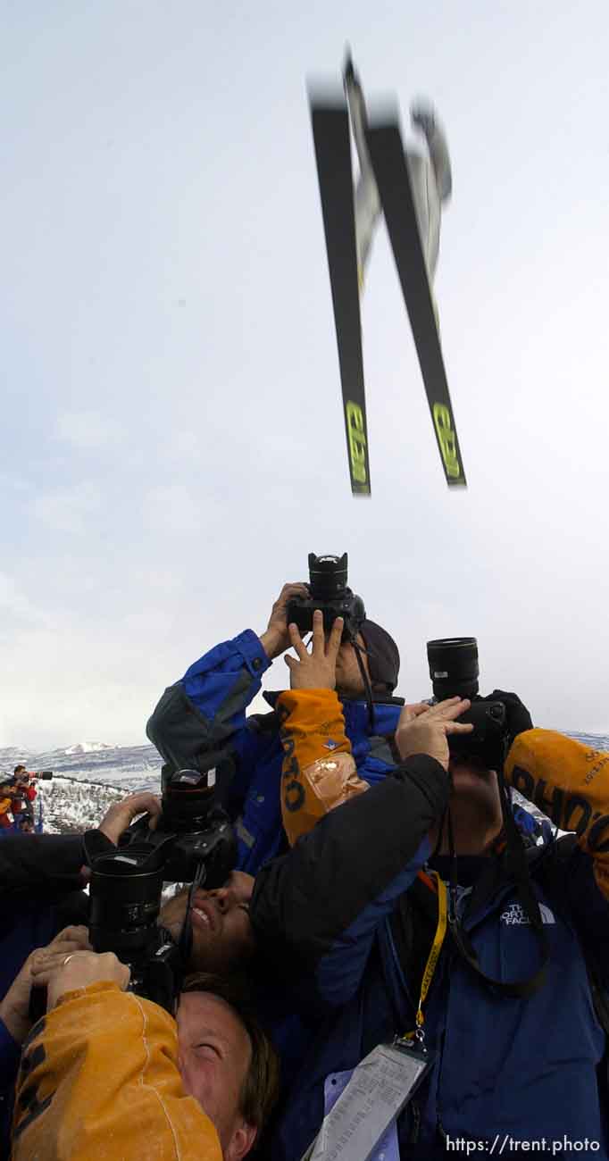 Photographers. Men's Ski Jumping K120 Team competition Monday morning at the Utah Olympic Park, 2002 Olympic Winter Games.; 02.18.2002, 10:06:37 AM