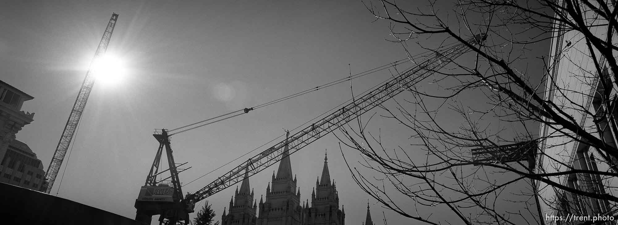 Construction cranes in front of the LDS Temple.