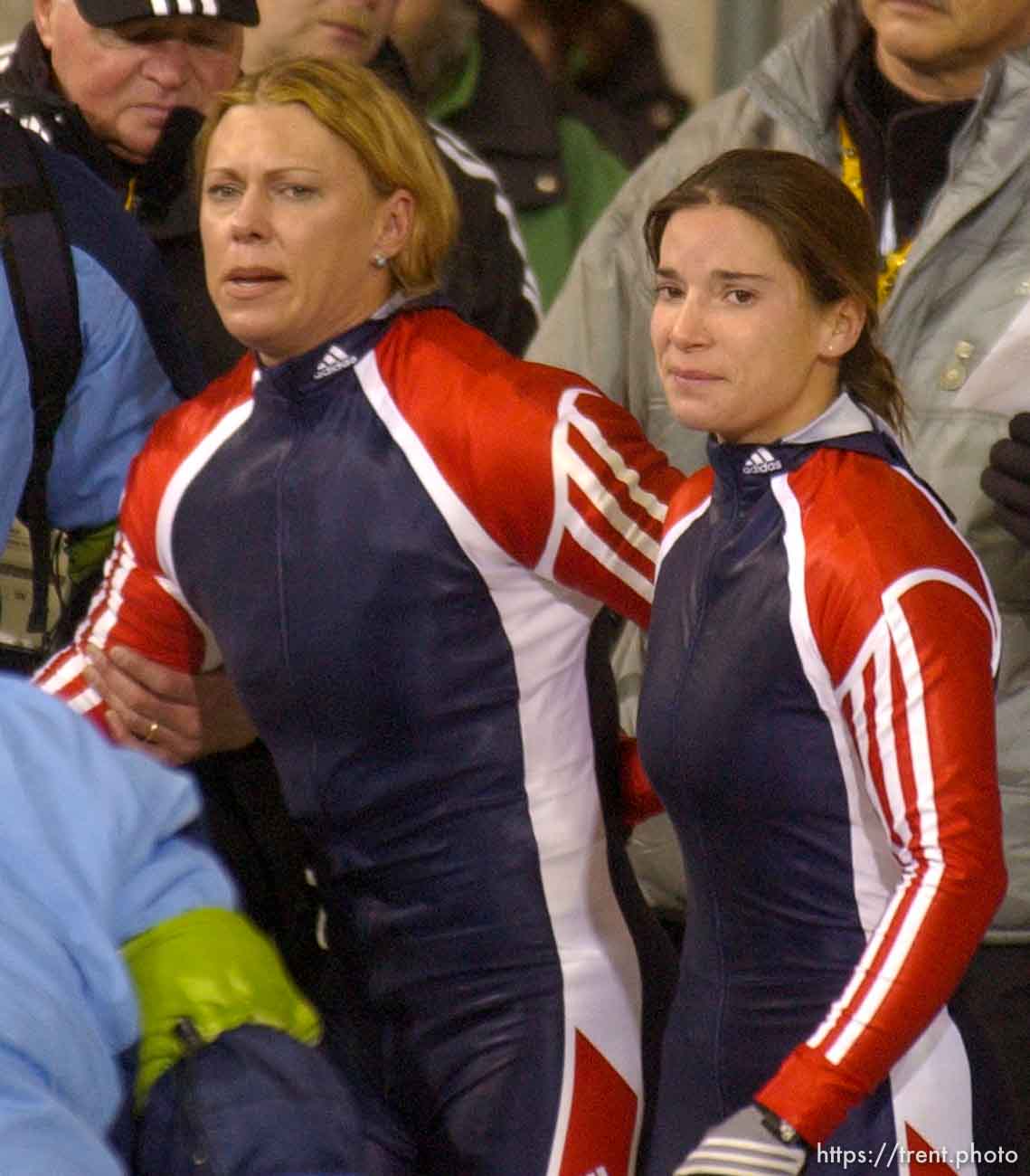 Gea Johnson and Jean Racine leave the track in disgrace. Women's Bobsled, Tuesday evening at the Utah Olympic Park, 2002 Olympic Winter Games.; 02.19.2002, 6:20:50 PM