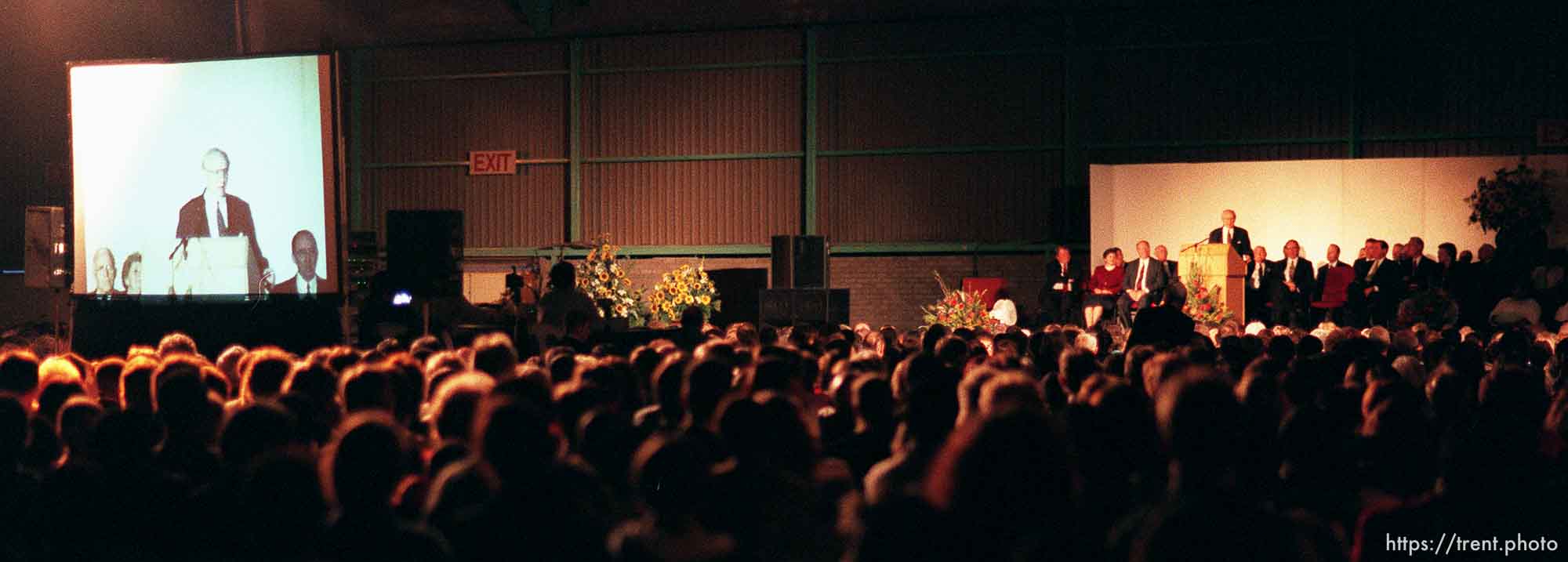 LDS president Gordon B. Hinckley speaks at the National Exhibition Center.