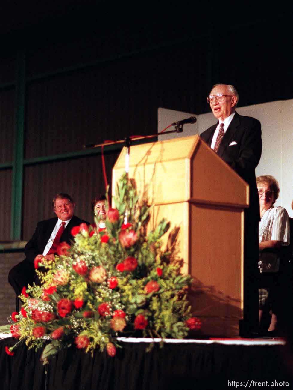 LDS president Gordon B. Hinckley speaks at the National Exhibition Center.