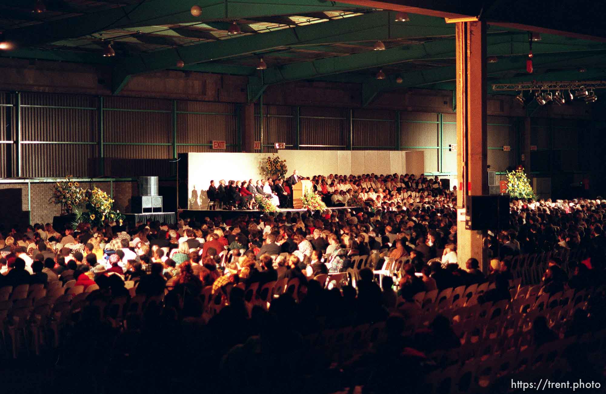 LDS president Gordon B. Hinckley speaks at the National Exhibition Center.