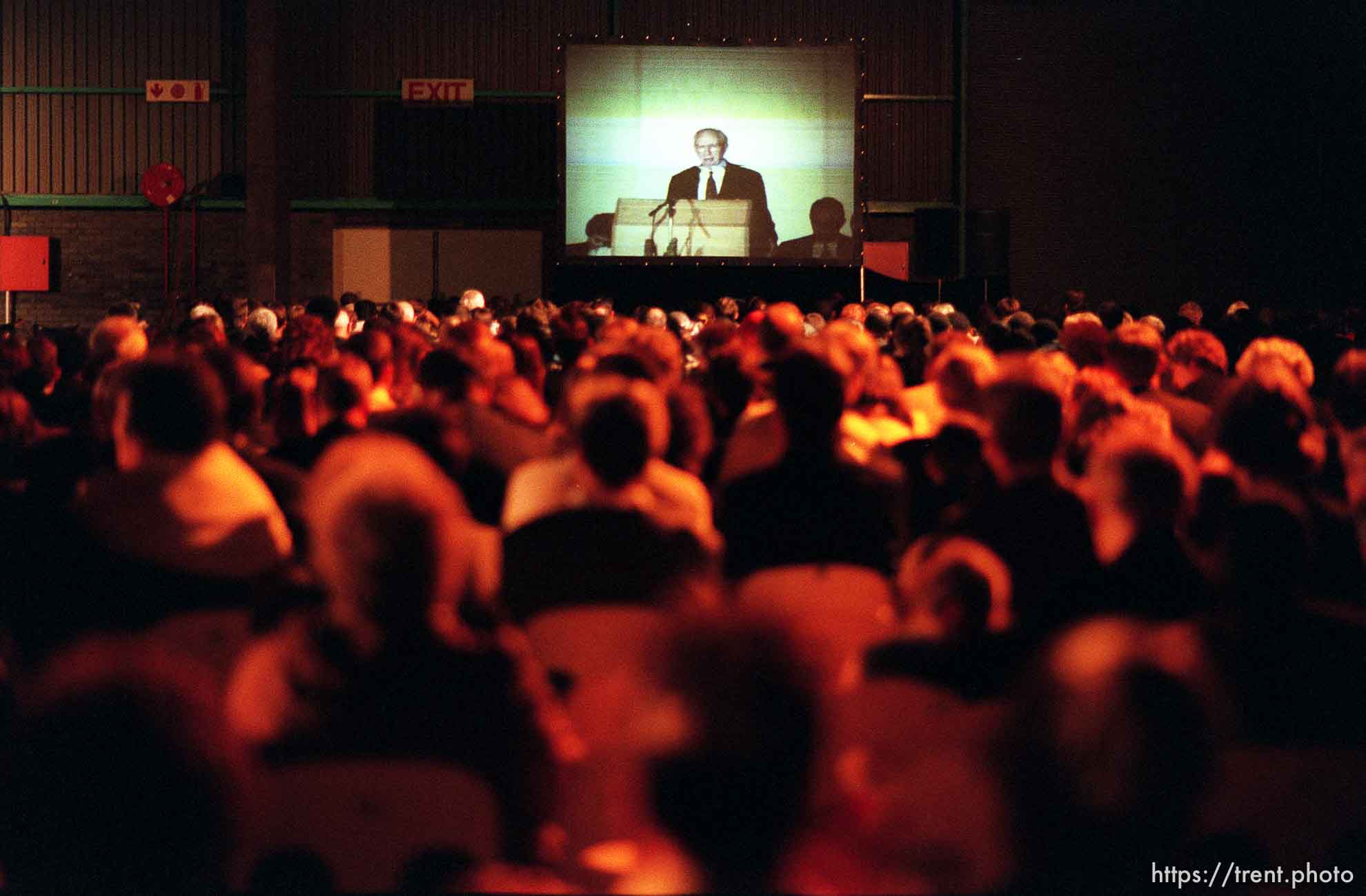 LDS president Gordon B. Hinckley speaks at the National Exhibition Center.