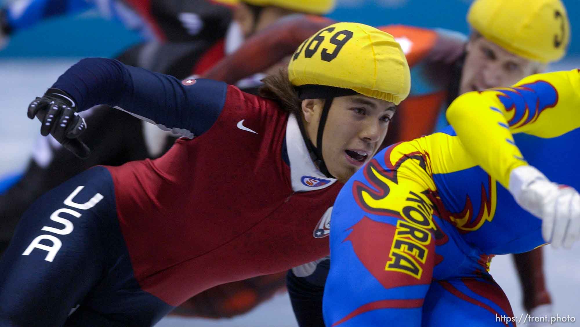 USA's Apolo Anton Ohno. Men's 1500m Final, Wednesday evening at the Salt Lake Ice Center, 2002 Olympic Winter Games.
 02.20.2002, 8:45:46 PM