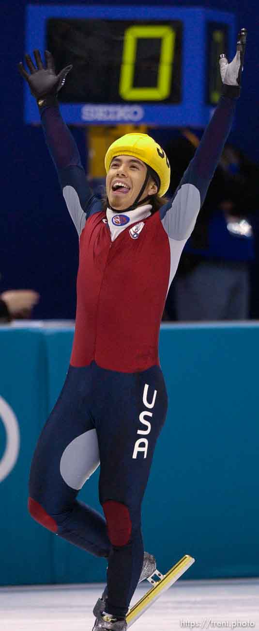 USA's Apolo Anton Ohno celebrates gold medal. Men's 1500m Final, Wednesday evening at the Salt Lake Ice Center, 2002 Olympic Winter Games.
 02.20.2002, 8:47:08 PM