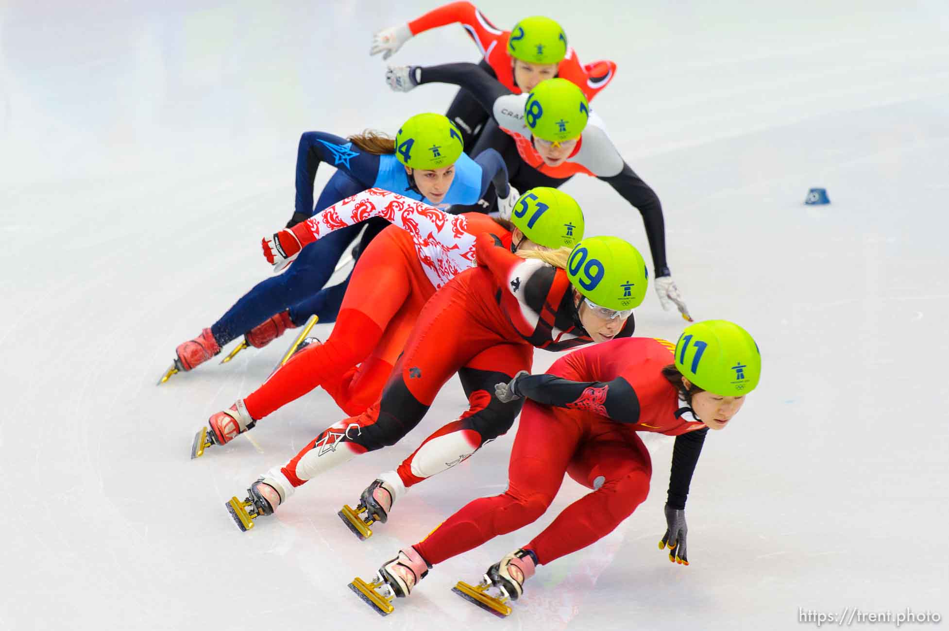 Ladies' 1500m, Short Track Speed Skating, at the XXI Olympic Winter Games in Vancouver, Saturday, February 20, 2010. heat 1 Sun Linlin (China, 111), Tania Vicent (Canada, 109), Nina Evteeva (151), Kimberly Derrick (USA, 154), Veronika Windisch (102), Patrycja Maliszewska (148)