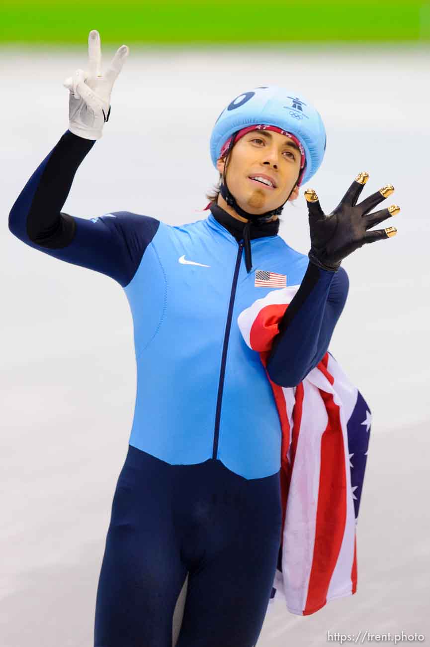 Mens' 1000m Final, Short Track Speed Skating, at the XXI Olympic Winter Games in Vancouver, Saturday, February 20, 2010. Lee Jung-Su 243 gold medal korea, Lee Ho-Suk 242 silver medal korea, Apolo Anton Ohno 245 bronze medal usa, Charles Hamelin 205, Francois Hamelin 206