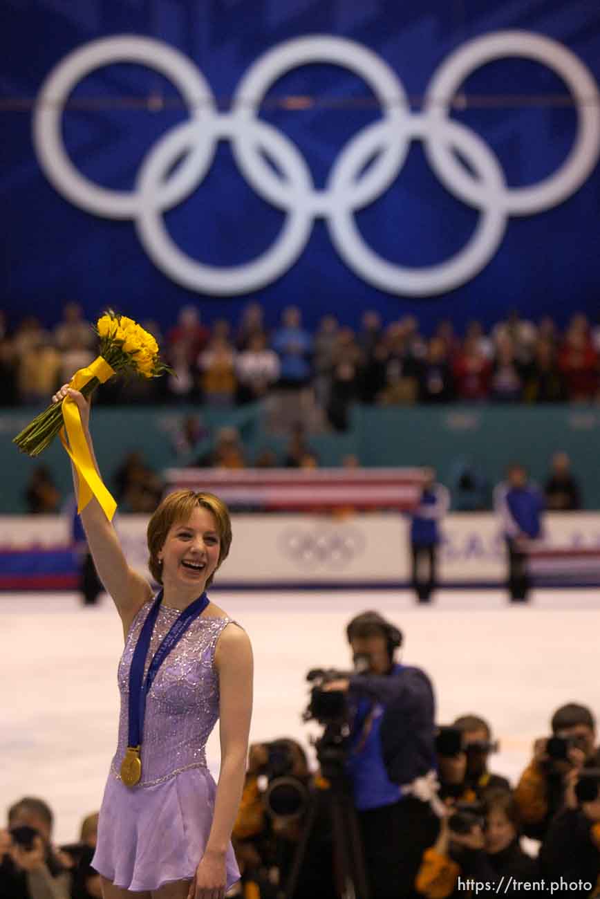 Sarah Hughes, gold medal winner. Ladies Free Skating competition, Thursday evening at the Salt Lake Ice Center, 2002 Olympic Winter Games.; 02.21.2002, 10:00:12 PM