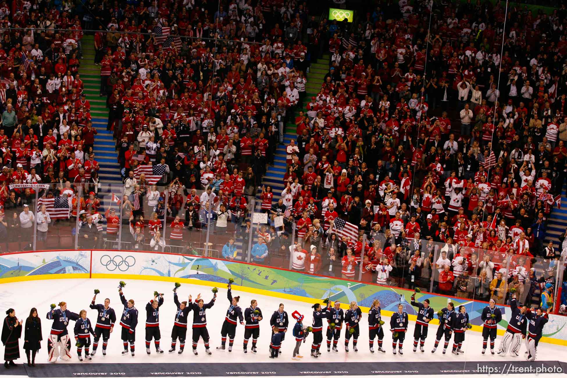 Trent Nelson  |  The Salt Lake Tribune
Silver medal-winning Team USA receives an ovation from the fans. Canada defeats Team USA in the gold medal game, women's Ice Hockey at the Canada Hockey Place, Vancouver, XXI Olympic Winter Games, Thursday, February 25, 2010.