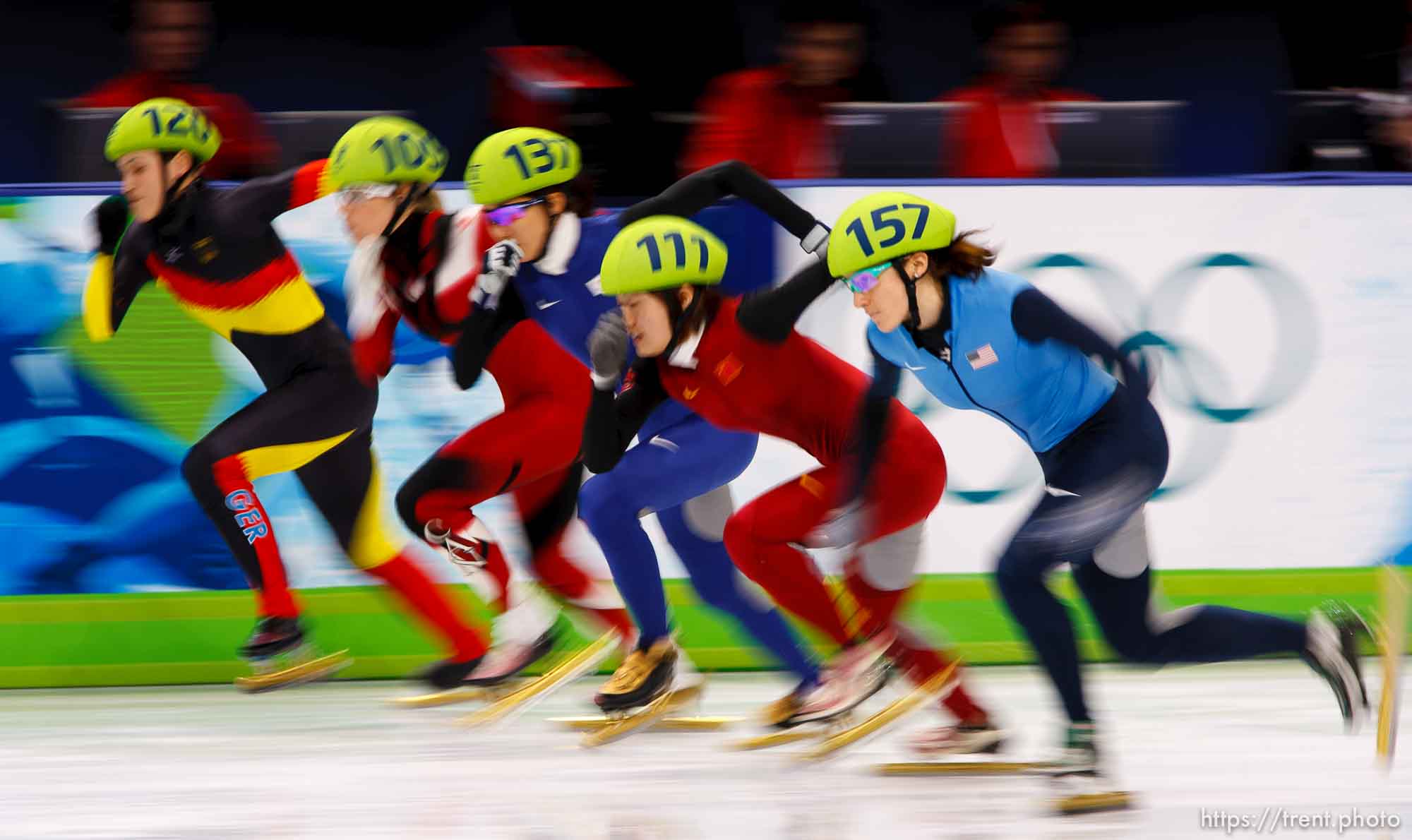 Trent Nelson  |  The Salt Lake Tribune
Women's 1000 m Quarterfinals, Short Track Speed Skating at the Pacific Coliseum Vancouver, XXI Olympic Winter Games, Friday, February 26, 2010. Aika Klein (120), Tania Vicent (109), Cho Ha-Ri (137), Sun Linlin (111), Katherine Reutter (157)