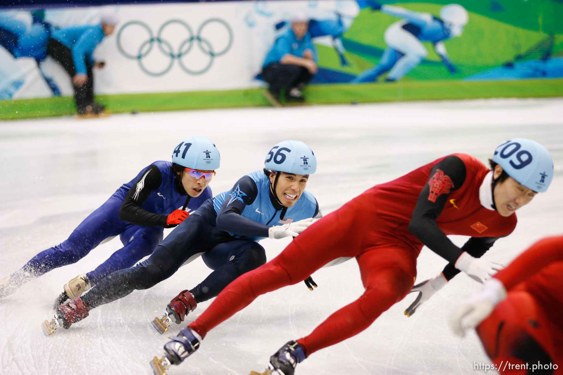 Trent Nelson  |  The Salt Lake Tribune
Men's 5000m relay final, Short Track Speed Skating at the Pacific Coliseum Vancouver, XXI Olympic Winter Games, Friday, February 26, 2010. Canda gold (Charles Hamelin 205, Francois Hamelin 206, Olivier Jean 207, Francois-Louis Tremblay 208), Korea silver (Kwak Yoon-Gy 241, Lee Ho-Suk 242, Lee Jung-Su 243, Sung Si-Bak 244), USA bronze (J.R. Celski 252, Travis Jayner 254, Jordan Malone 255, Apolo Anton Ohno 256).