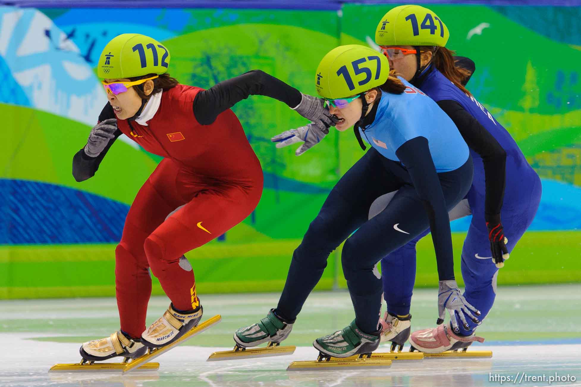 Trent Nelson  |  The Salt Lake Tribune
Women's 1000m final, Short Track Speed Skating at the Pacific Coliseum Vancouver, XXI Olympic Winter Games, Friday, February 26, 2010. Wang Meng (China, 112, gold medal), Katherine Reutter (USA, 157, silver medal), Park Seung-Hi (Korea, 141, bronze medal), Zhou Yang (China, 114, disqualified)