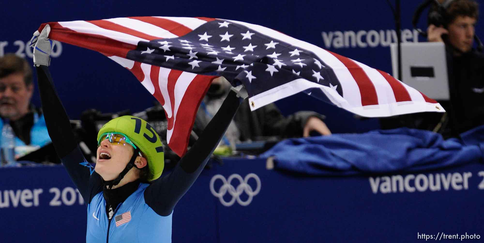 Trent Nelson  |  The Salt Lake Tribune
Katherine Reutter,USA, celebrates her silver medal finish. Women's 1000m final, Short Track Speed Skating at the Pacific Coliseum Vancouver, XXI Olympic Winter Games, Friday, February 26, 2010.