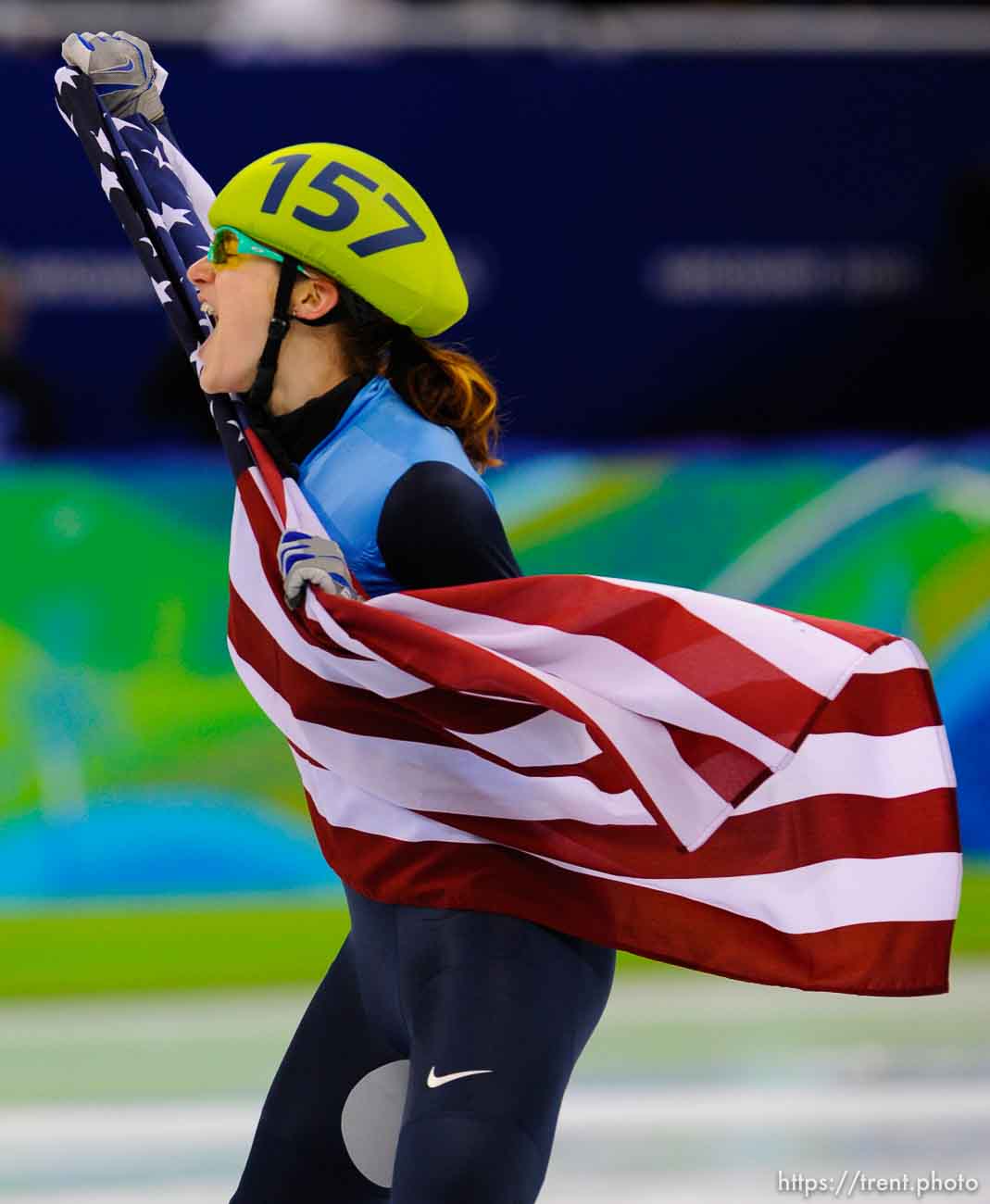 Trent Nelson  |  The Salt Lake Tribune
Katherine Reutter,USA, celebrates her silver medal finish. Women's 1000m final, Short Track Speed Skating at the Pacific Coliseum Vancouver, XXI Olympic Winter Games, Friday, February 26, 2010.