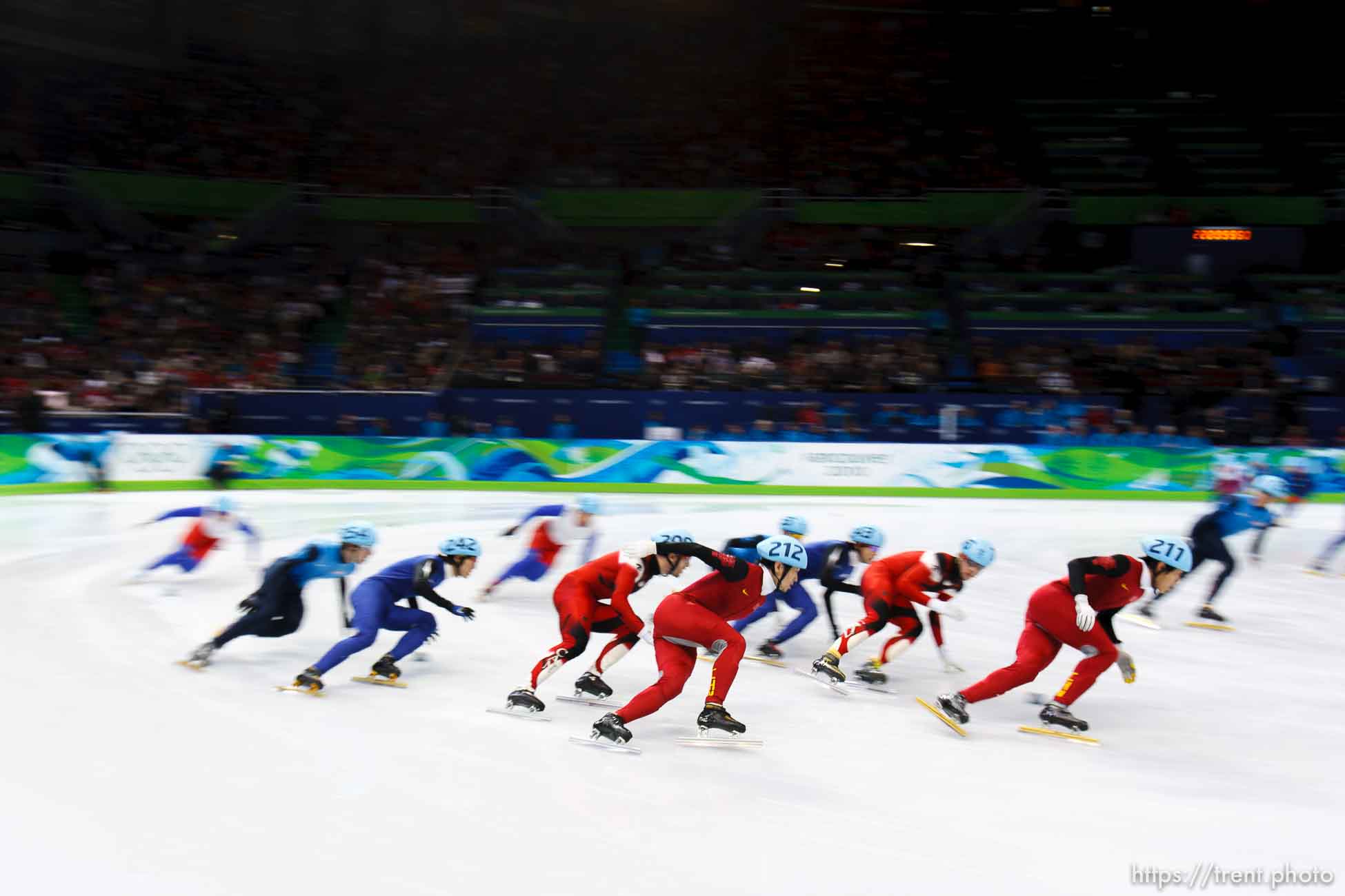 Trent Nelson  |  The Salt Lake Tribune
Men's 5000m relay final, Short Track Speed Skating at the Pacific Coliseum Vancouver, XXI Olympic Winter Games, Friday, February 26, 2010. Canda gold (Charles Hamelin 205, Francois Hamelin 206, Olivier Jean 207, Francois-Louis Tremblay 208), Korea silver (Kwak Yoon-Gy 241, Lee Ho-Suk 242, Lee Jung-Su 243, Sung Si-Bak 244), USA bronze (J.R. Celski 252, Travis Jayner 254, Jordan Malone 255, Apolo Anton Ohno 256).