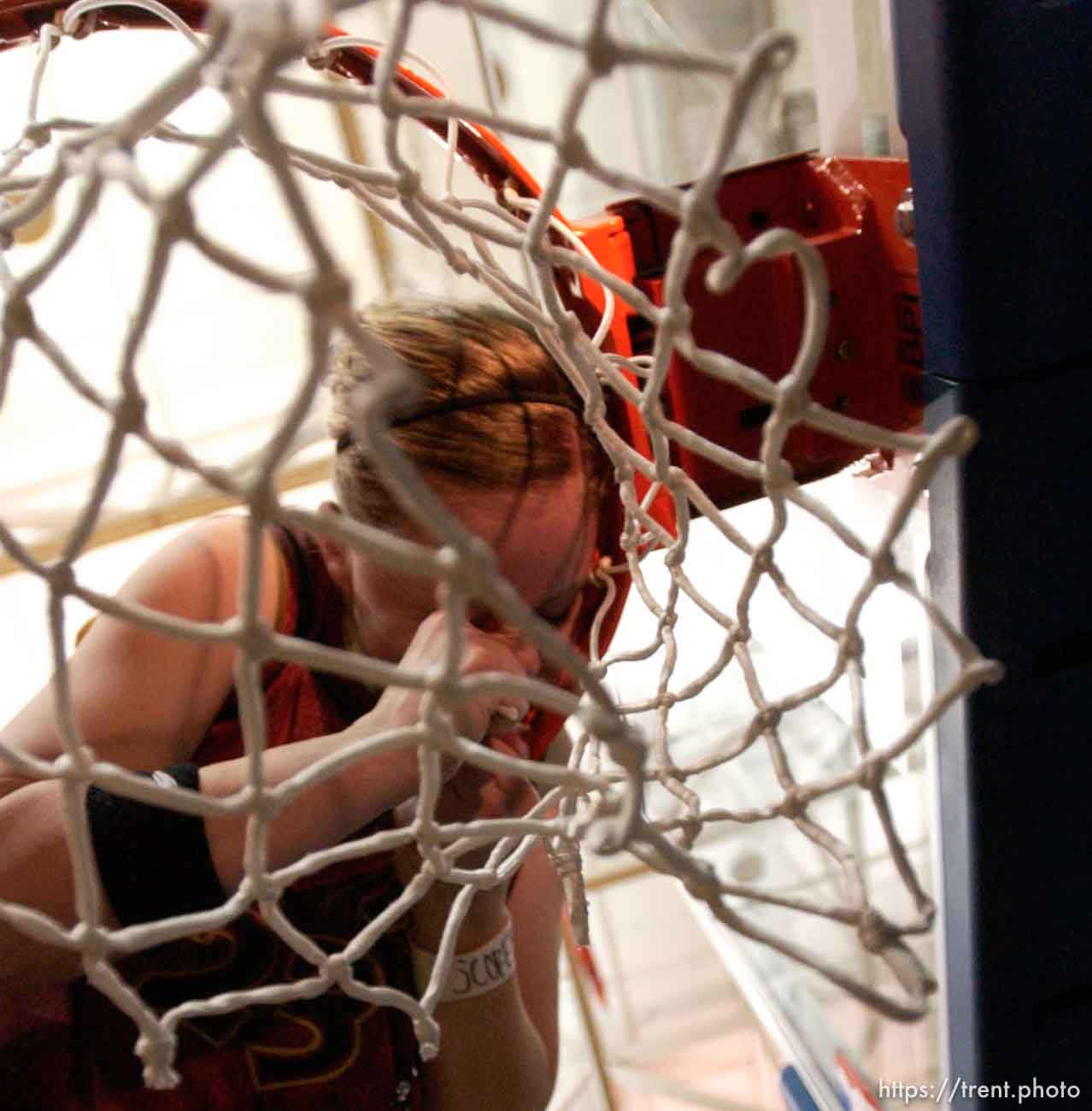 Taylorsville - Mountain View's Lindsay Moore bites tape to loosen the net, celebrating as Mountain View defeats Timpview girls high school basketball, 4A state championship game, Saturday afternoon at Salt Lake Community College.
Photo by Trent Nelson/The Salt Lake Tribune; 02.28.2004