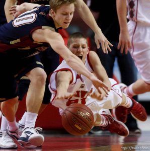 Trent Nelson  |  The Salt Lake Tribune
Bountiful's Dain Murdock dives for the ball, as Herriman's Tanner McKissick also reaches. Bountiful vs. Herriman, 4A High School Basketball Championships Wednesday, February 29, 2012 at the Maverik Center in West Valley City, Utah.