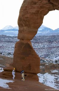 The Olympic Torch arrives in Utah, beginning with a sunrise ceremony and blessing performed by Frank Arrowchis, a member of the Whiteriver band of the Northern Ute Indian Tribe. Arrowchis then handed to torch to his 16-year-old granddaughter, Stephanie Laree Spann. 02.04.2002, 7:31:59 AM