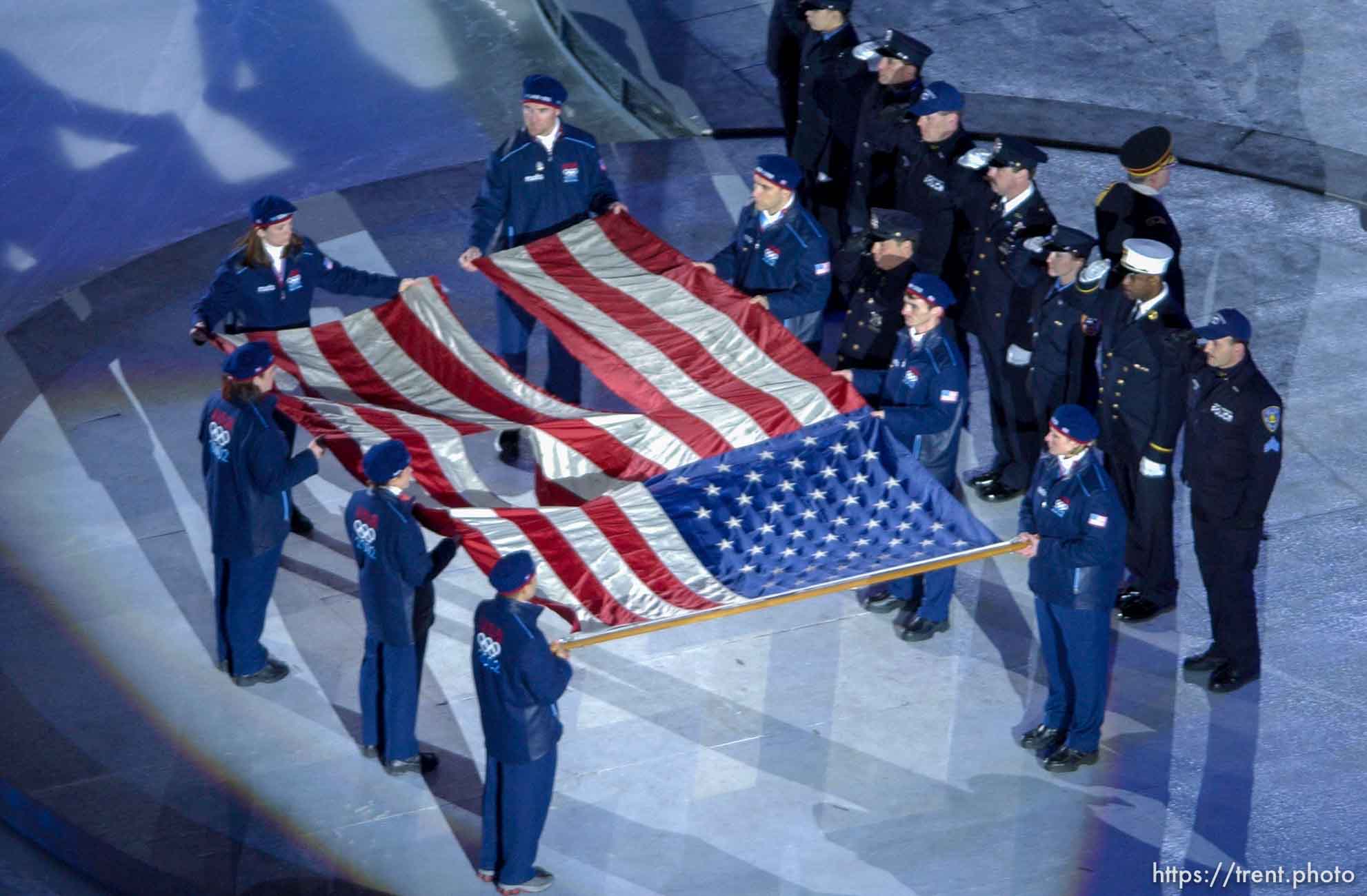 Flag from World Trade Center. Opening Ceremony, 2002 Olympic Winter Games.; 02.08.2002, 7:12:09 PM