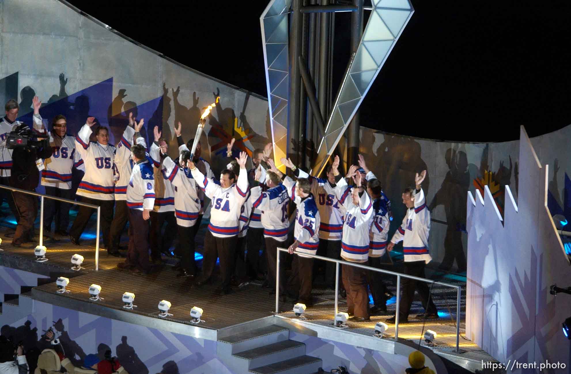 1980 USA hockey team light the cauldron. Opening Ceremony, 2002 Olympic Winter Games.; 02.08.2002, 9:33:51 PM