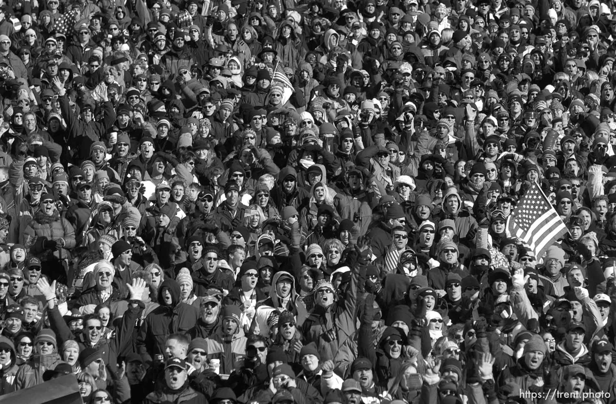 Fans. Crowd. First round of the Nordic Combined K90 ski jump, 2002 Olympic Winter Games.; 02.09.2002, 10:39:35 AM