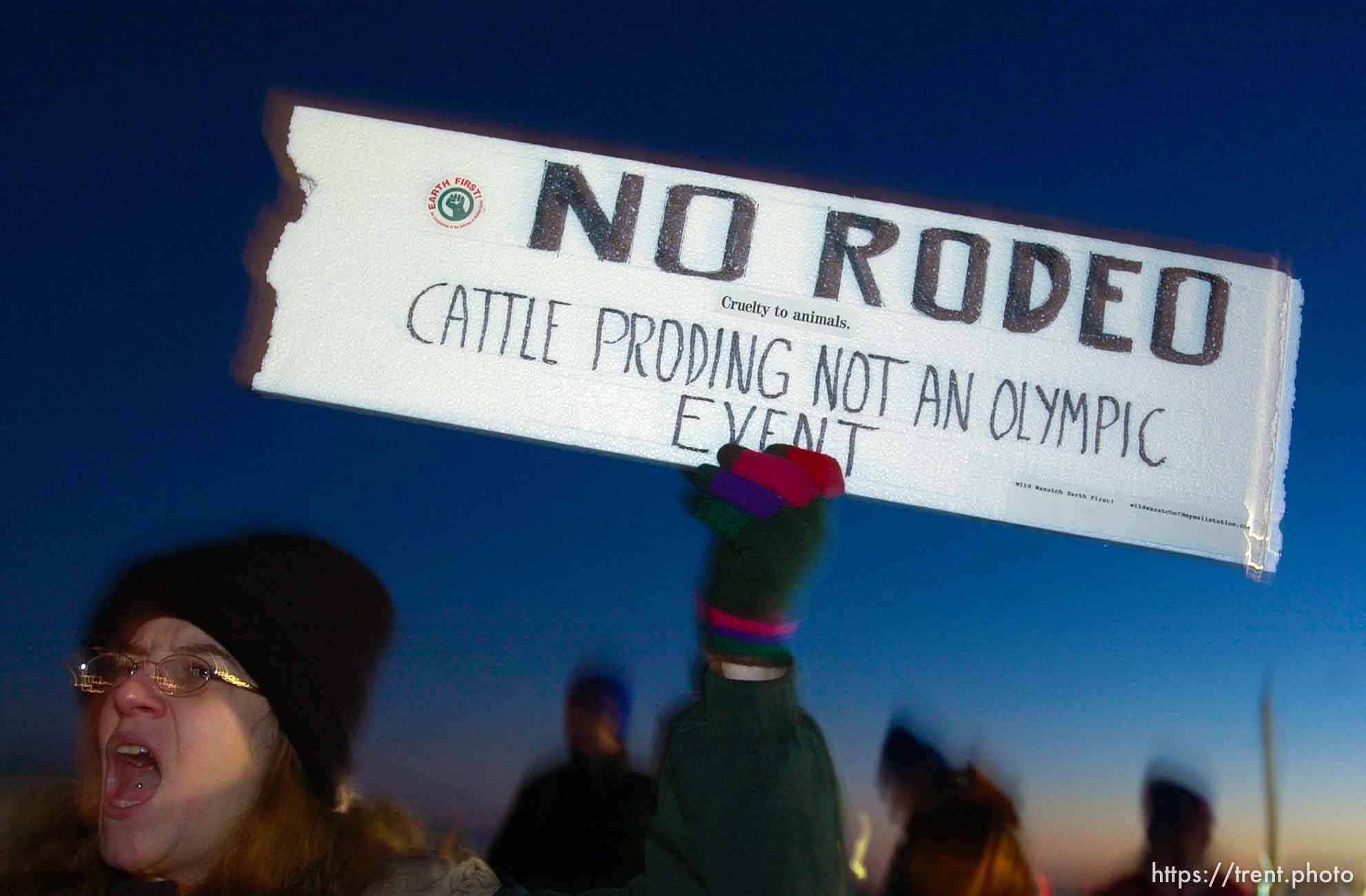 Animal rights protesters chant slogans outside of the Davis County Legacy Center, site of the Olympic Command Performance Rodeo, 2002 Olympic Winter Games.; 02.09.2002, 6:35:24 PM